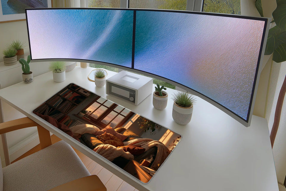Lifestyle desk mockup of Cat Reading Nook Desk Mat | Sunset Window with keyboard and mouse layout