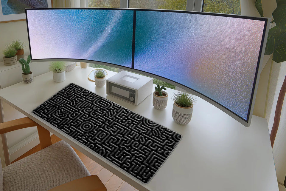 Black Maze Desk Mat | Abstract Geometric Mouse Pad in a full desk setup with keyboard, mouse, and office accessories