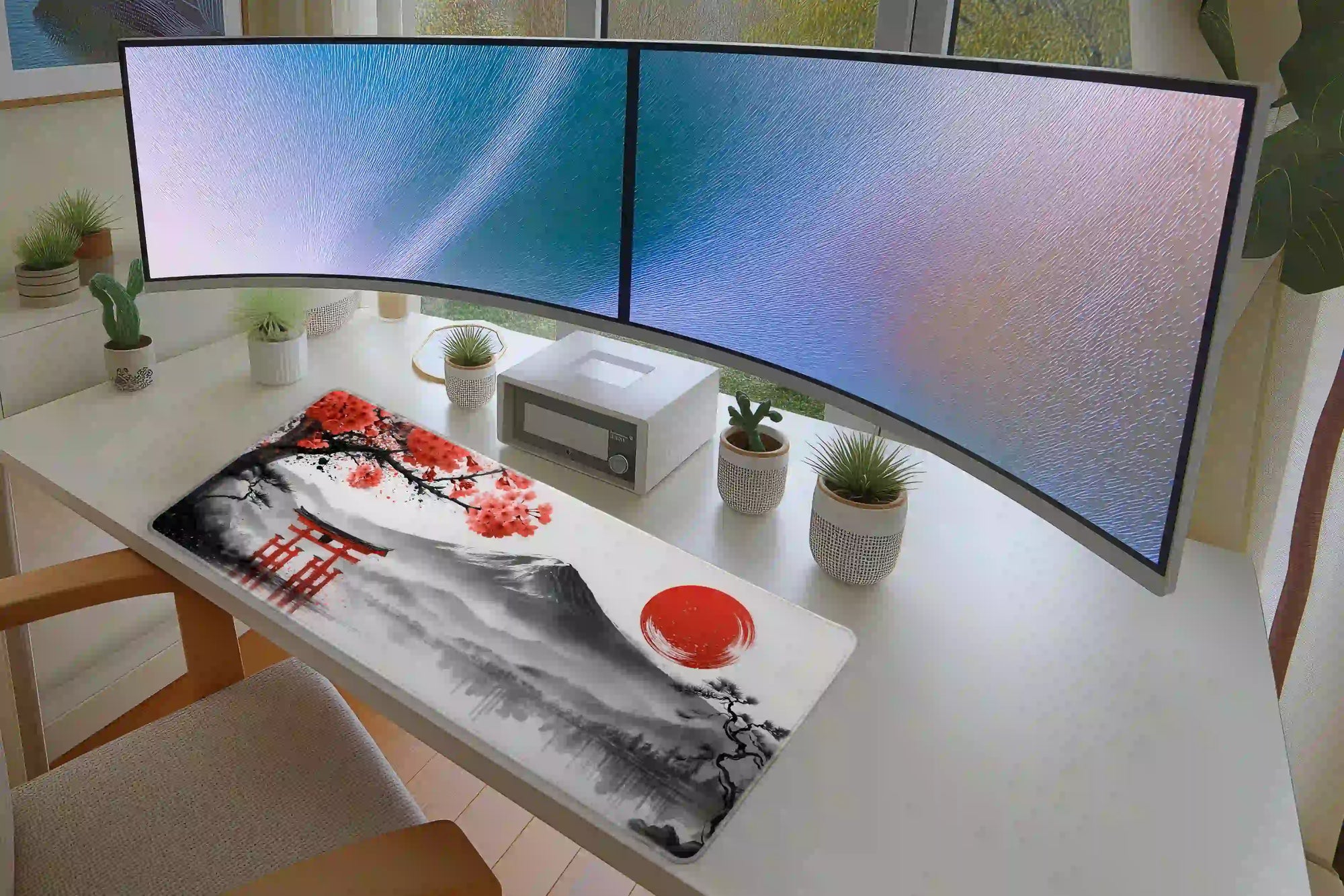 Mount Fuji Ink Art desk mat in a full desk setup with a keyboard and mouse layout