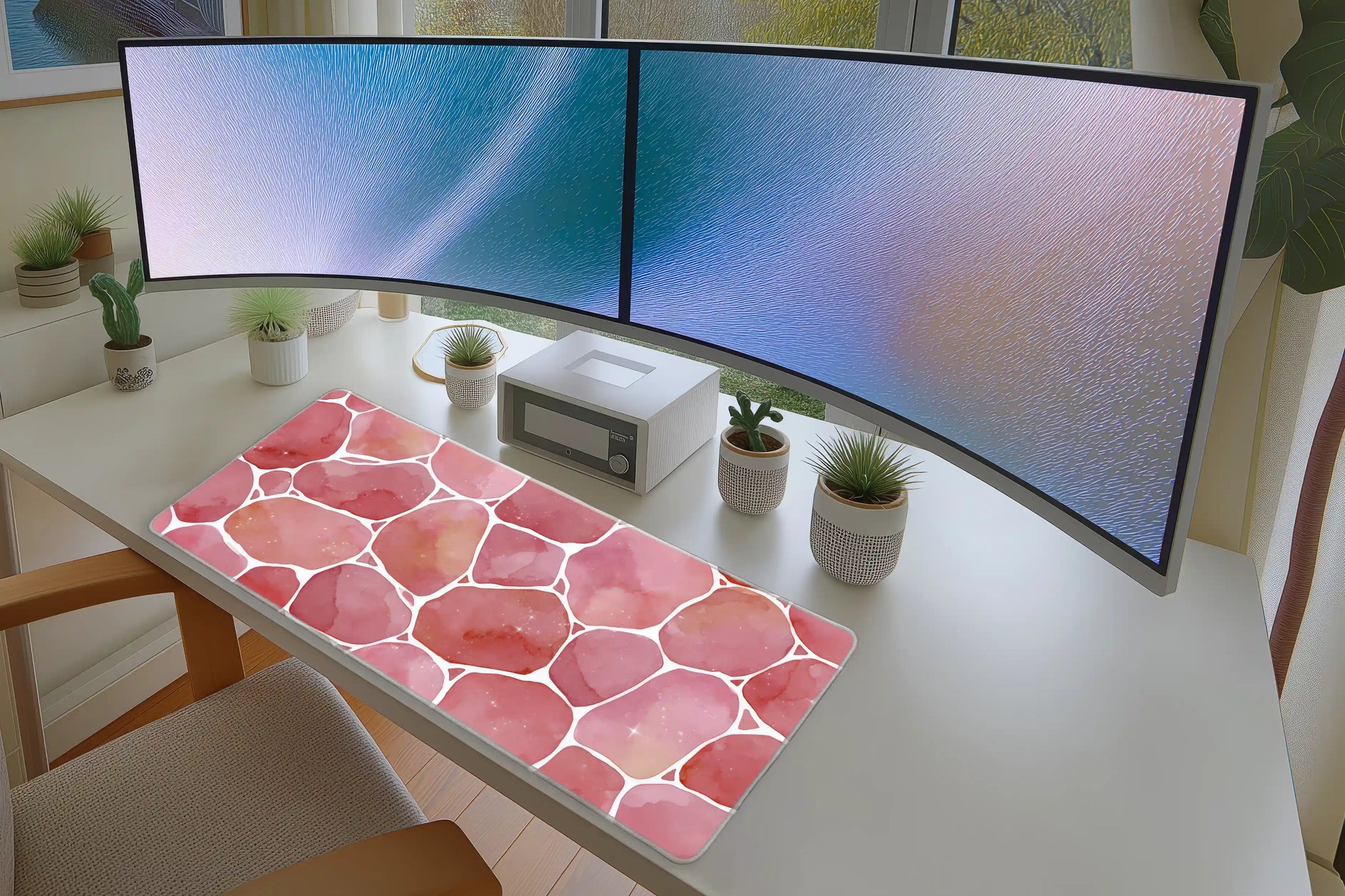 Pink Watercolor Mosaic desk mat wide surface for a keyboard and mouse layout