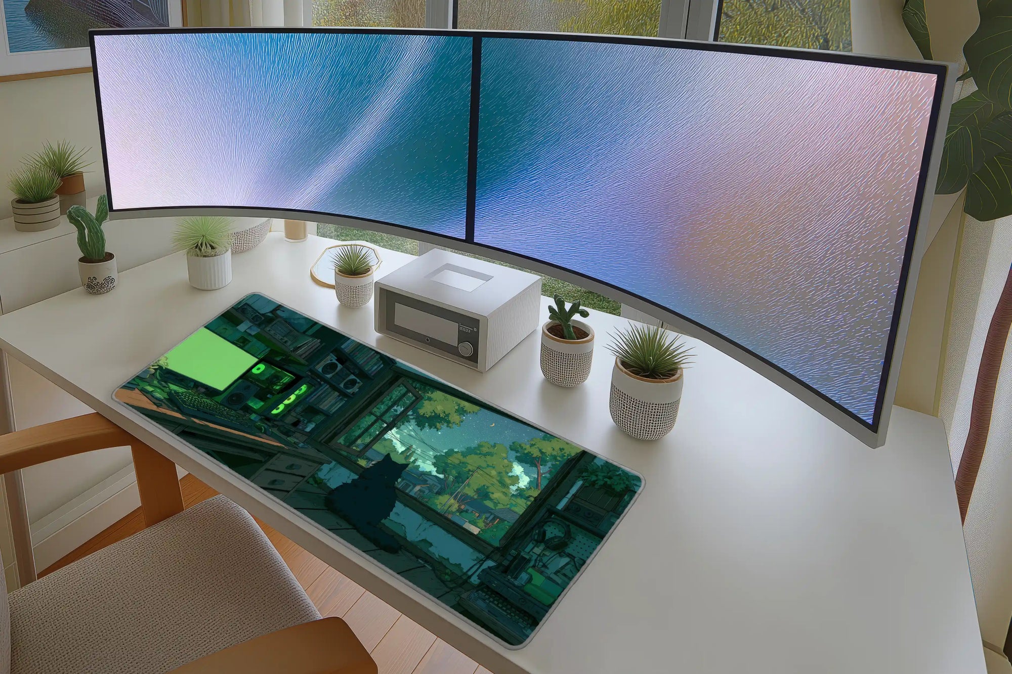 Cat Window Gaming Desk Mat | Cozy PC Room Mouse Pad in a full desk setup with keyboard, mouse, and office accessories