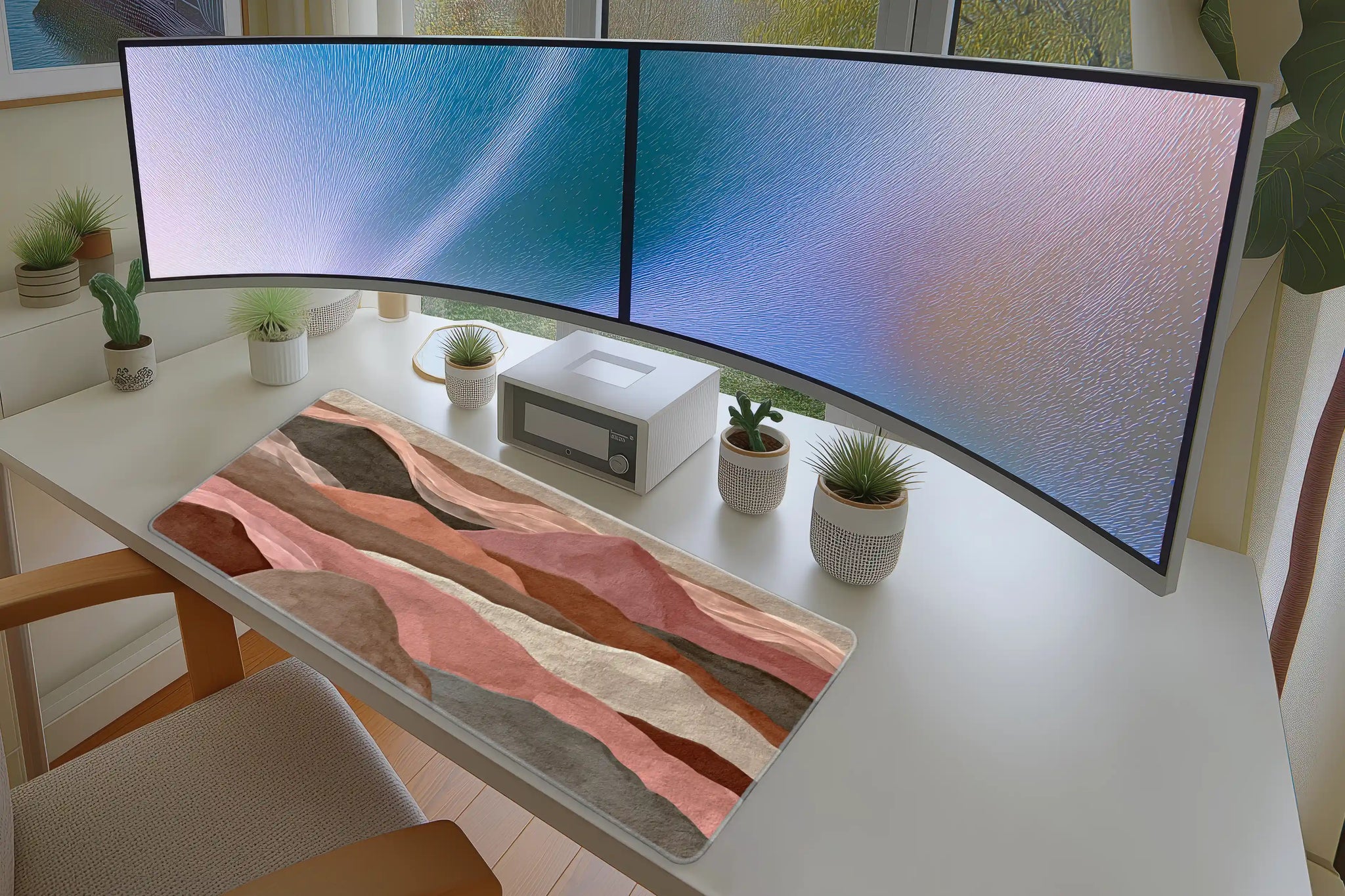 Boho Watercolor Mountains desk mat wide surface for a keyboard and mouse layout