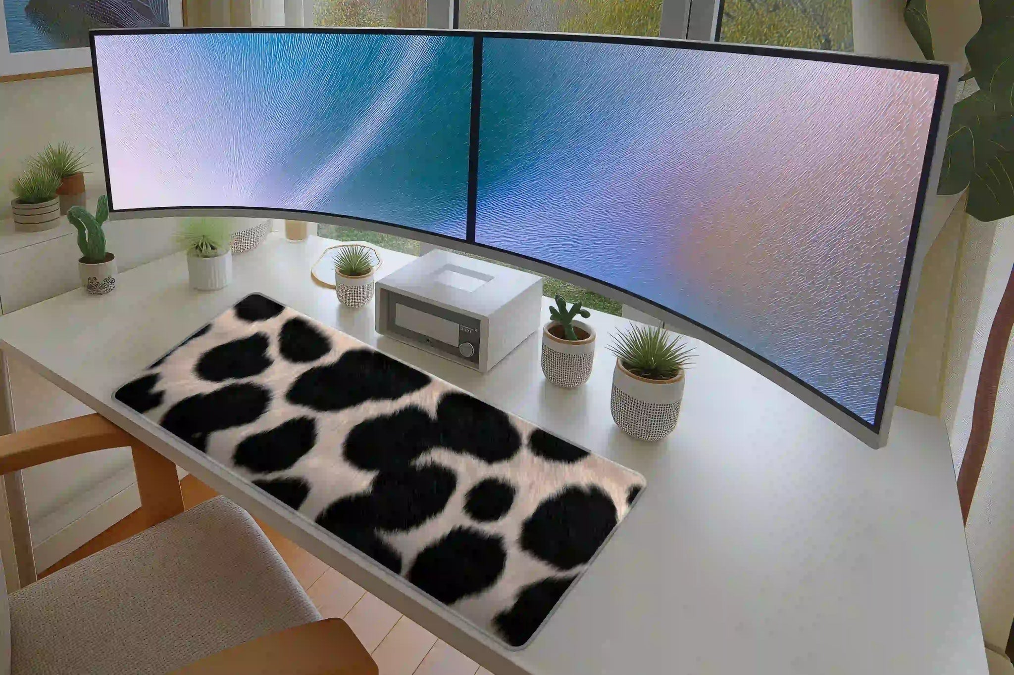 Cow Print desk mat in a full desk setup with a keyboard and mouse layout