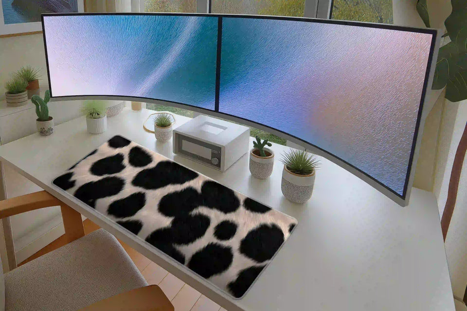 Cow Print desk mat in a full desk setup with a keyboard and mouse layout