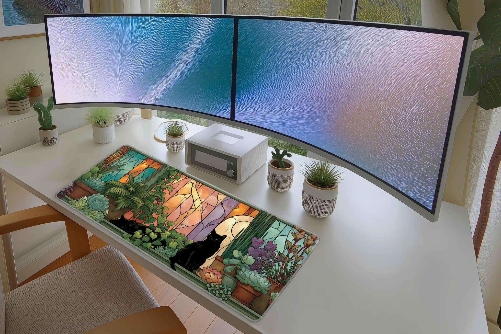 Lifestyle desk mockup of Black Cat Stained Glass Desk Mat | Houseplants with keyboard and mouse layout