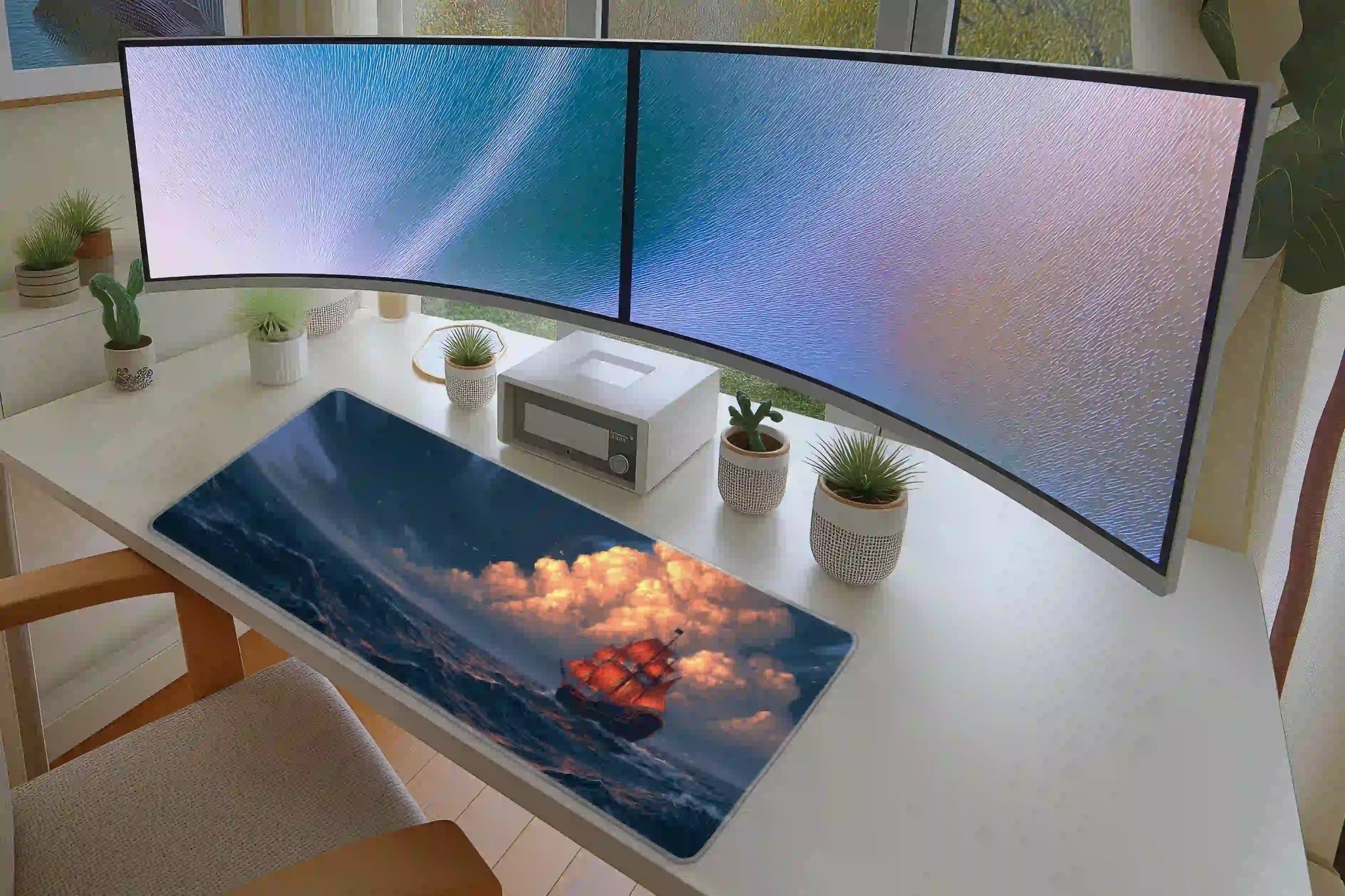 Red Sailing Ship desk mat in a full office setup with keyboard and mouse