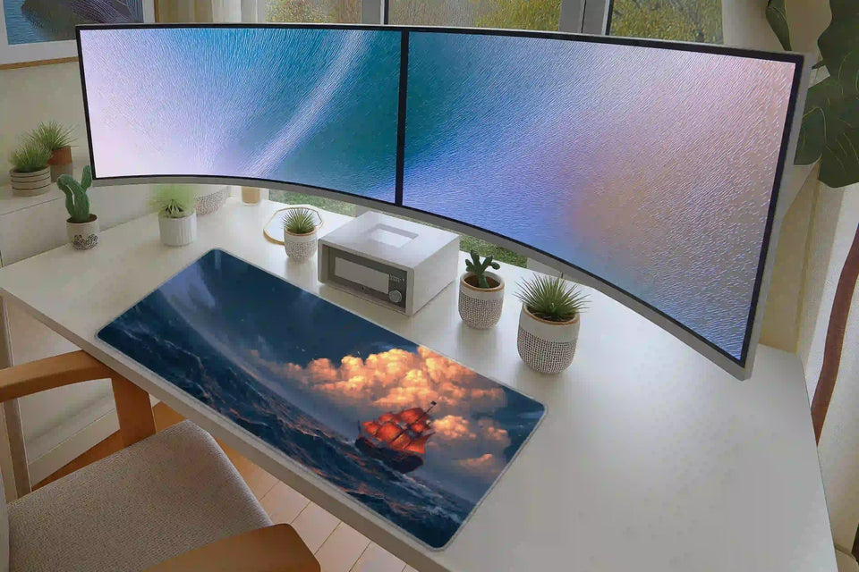 Red Sailing Ship desk mat in a full office setup with keyboard and mouse