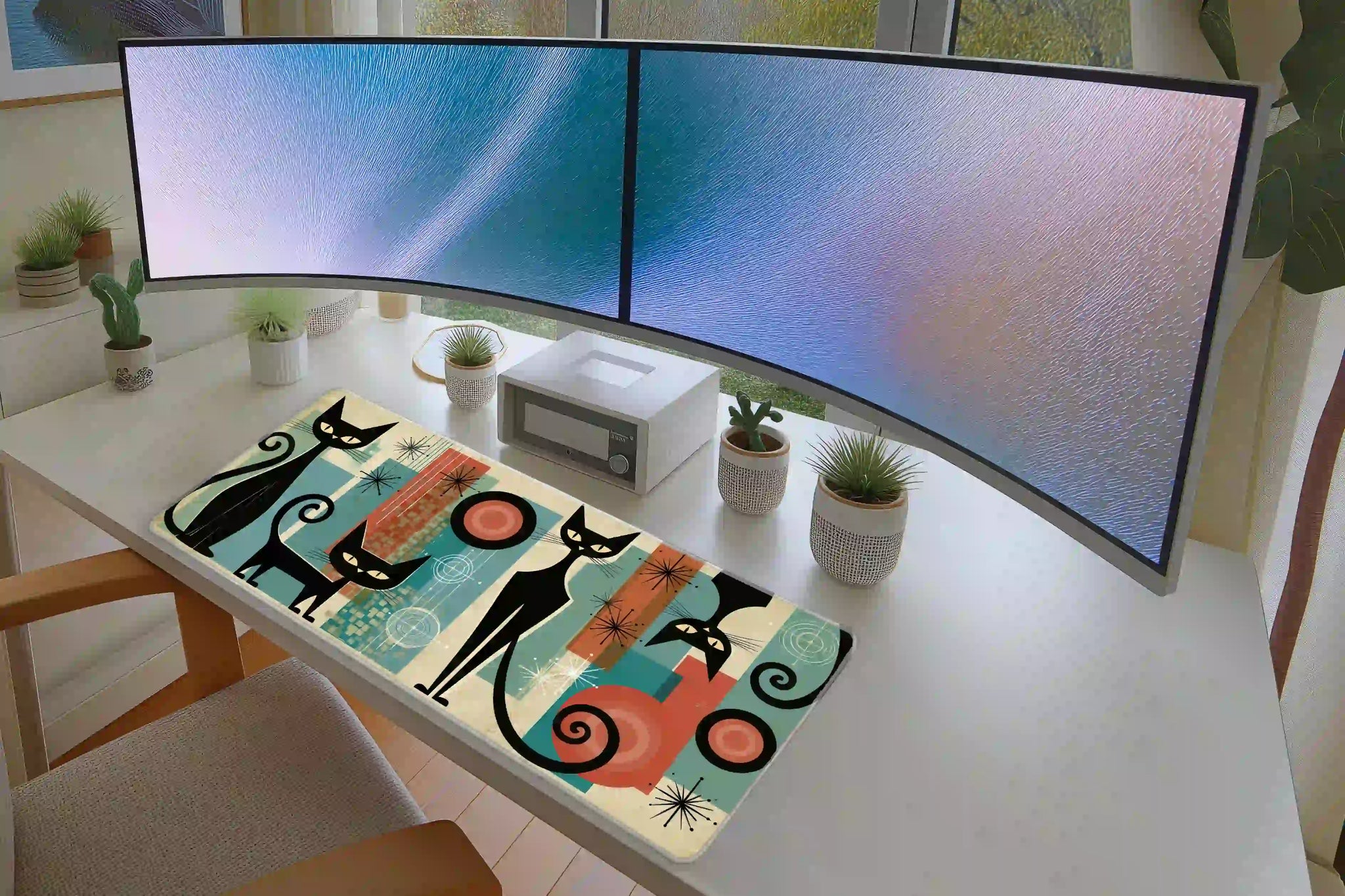 Mid Century Cat extended mouse pad completing a home office desk setup