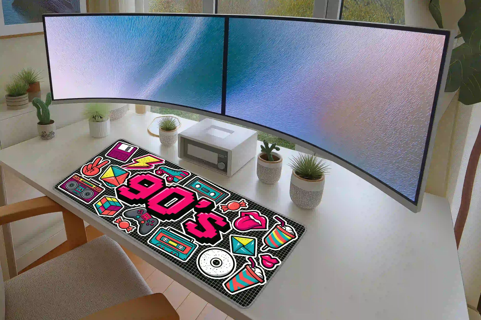 90s Sticker Collage desk mat in a full desk setup with a keyboard and mouse layout