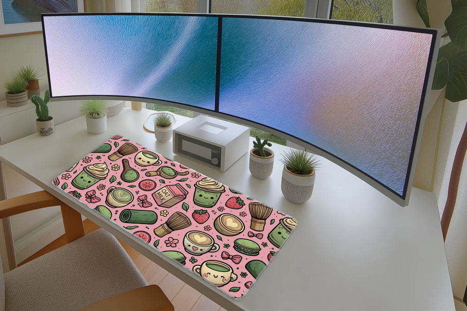 Pink Matcha Cafe Desk Mat | Kawaii Tea Mouse Pad in a full desk setup with keyboard, mouse, and office accessories