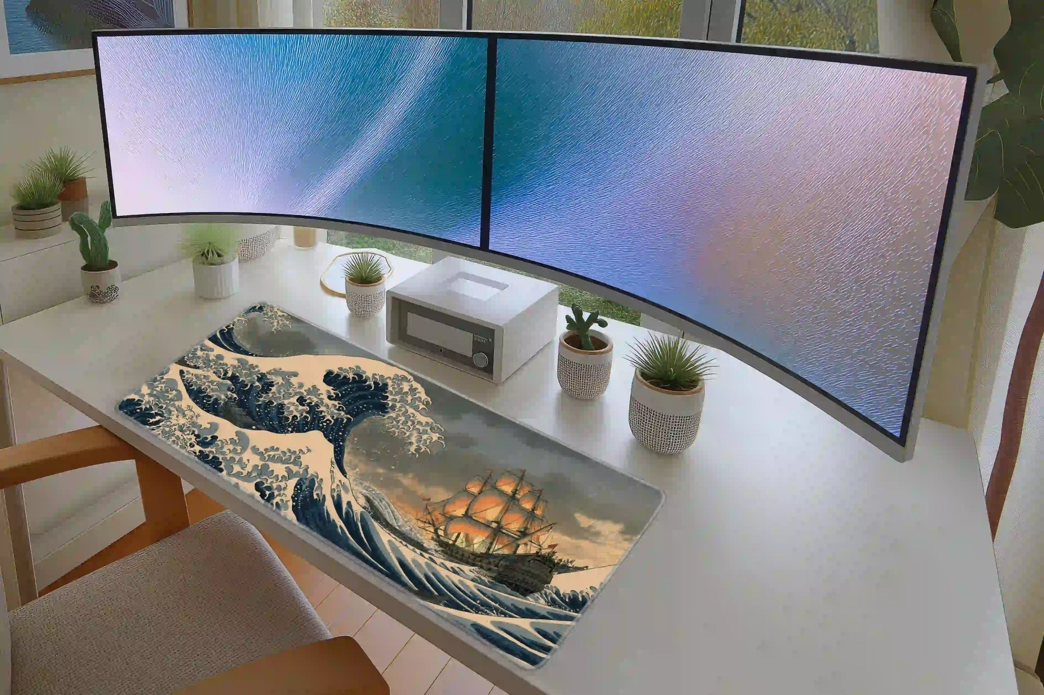 Full keyboard and mouse workspace using the Japanese Storm Wave desk mat