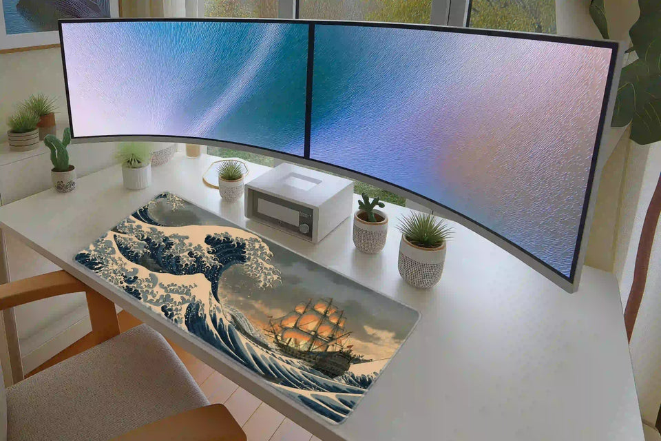Full keyboard and mouse workspace using the Japanese Storm Wave desk mat