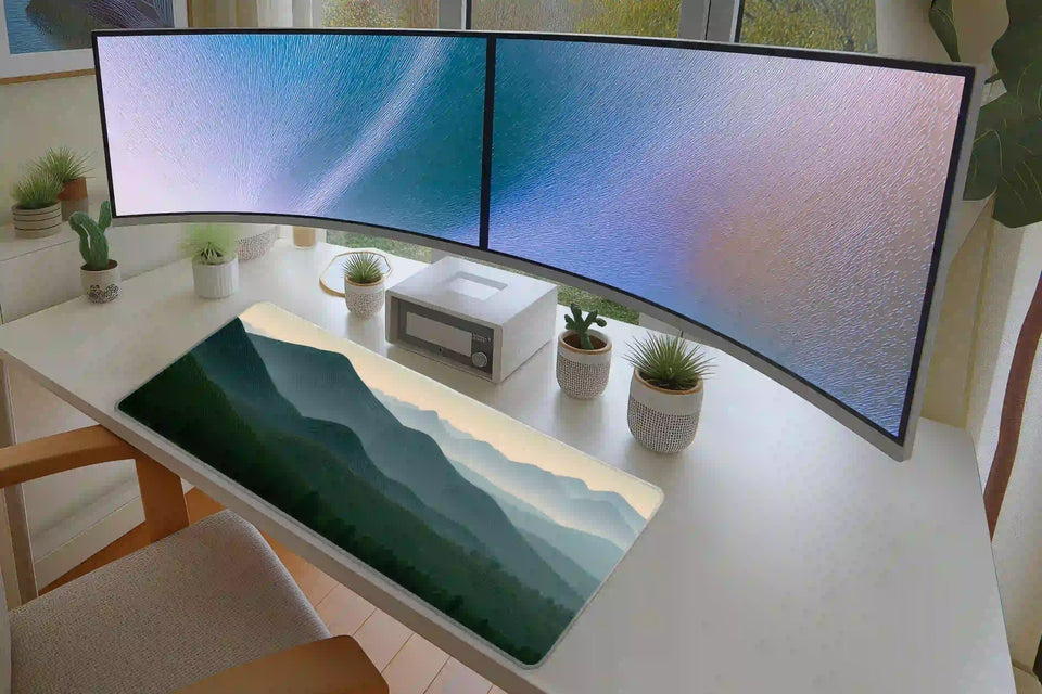 Layered Mountain desk mat in a full desk setup with a keyboard and mouse layout