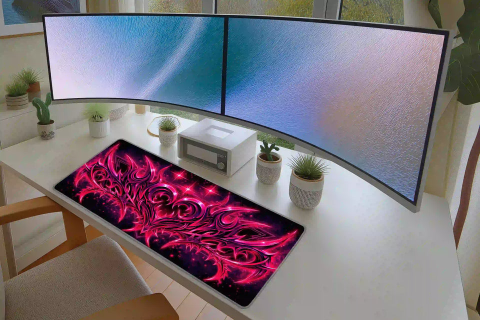Keyboard and mouse workspace styled with the neon pink cyber tribal abstract desk mat