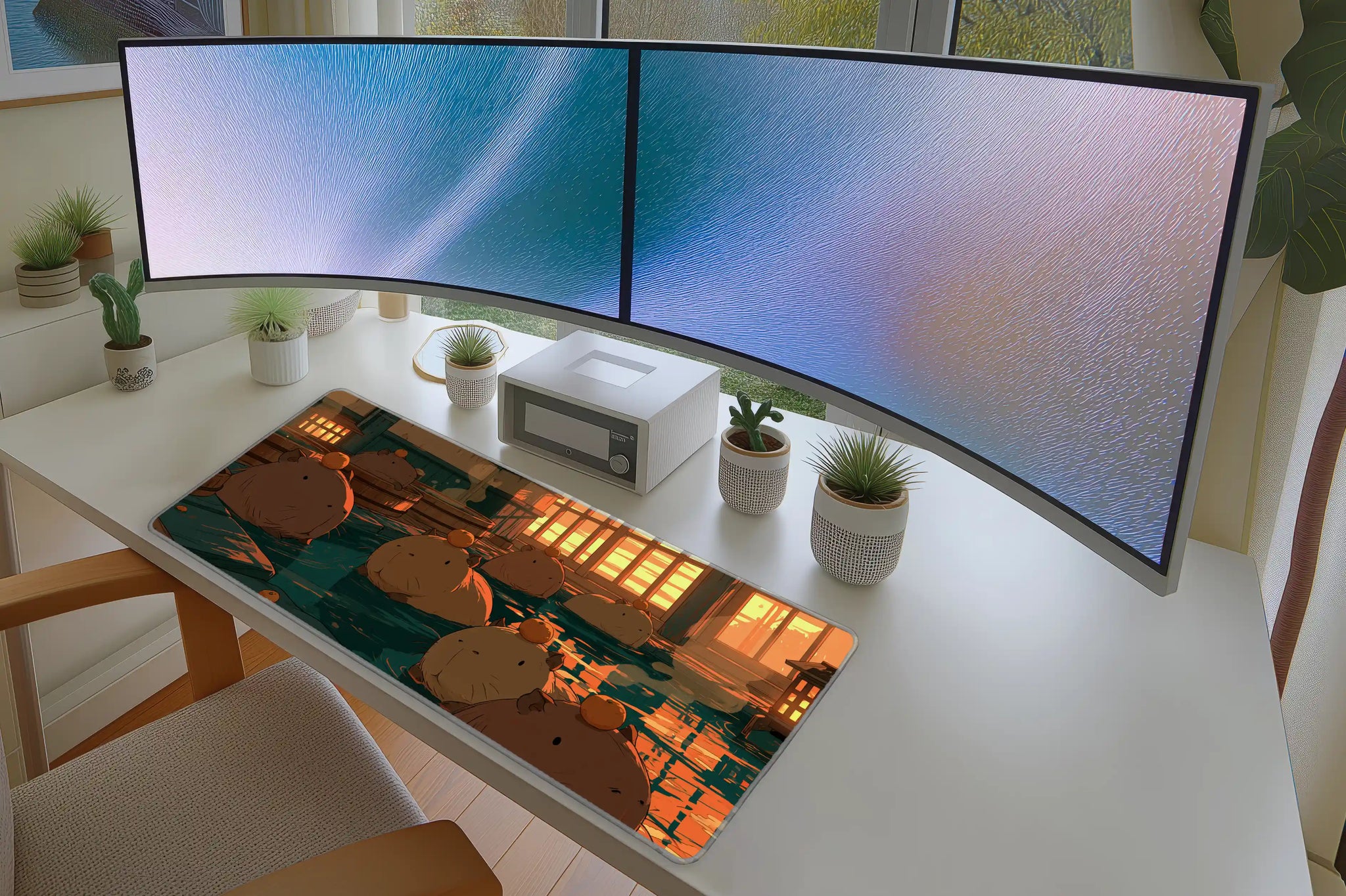 Cozy Capybara Bath Lantern Hot Spring mouse pad showing stitched edge detail