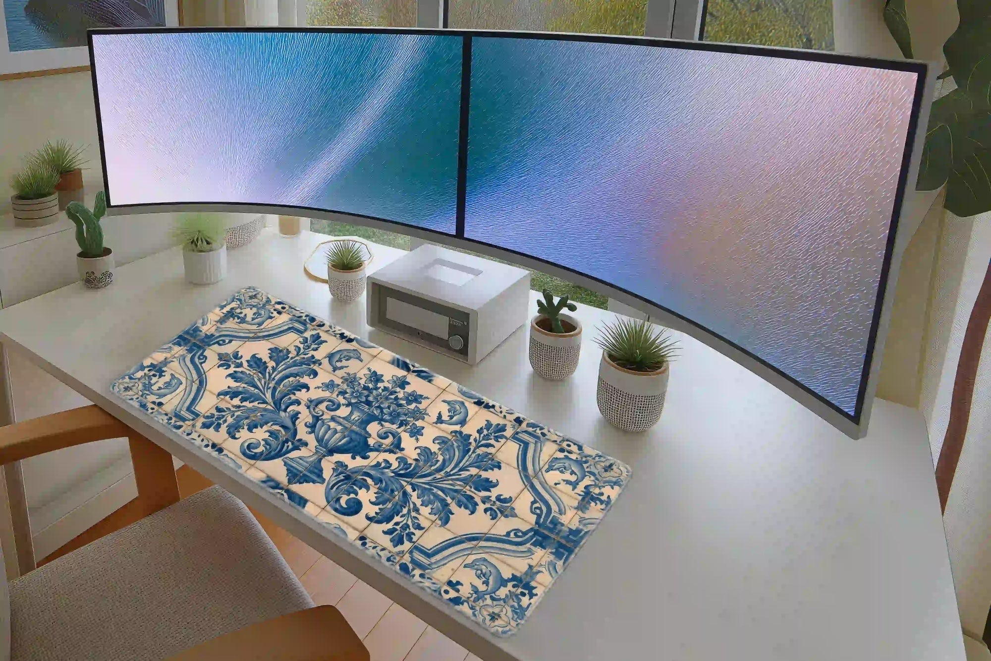Portuguese Azulejo Floral desk mat in a full office setup with keyboard and mouse