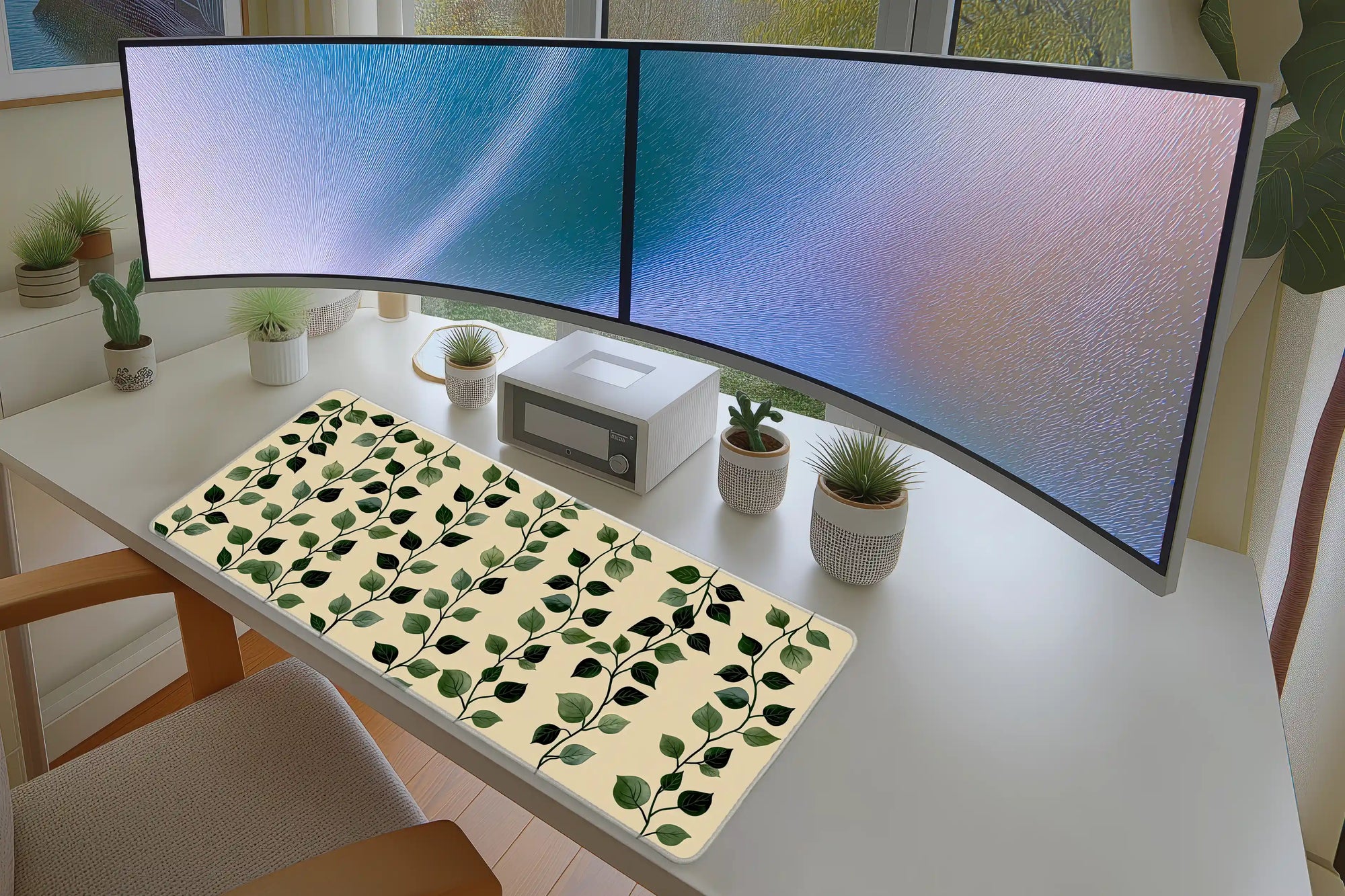 Botanical Leaf Pattern desk mat wide surface for a keyboard and mouse layout