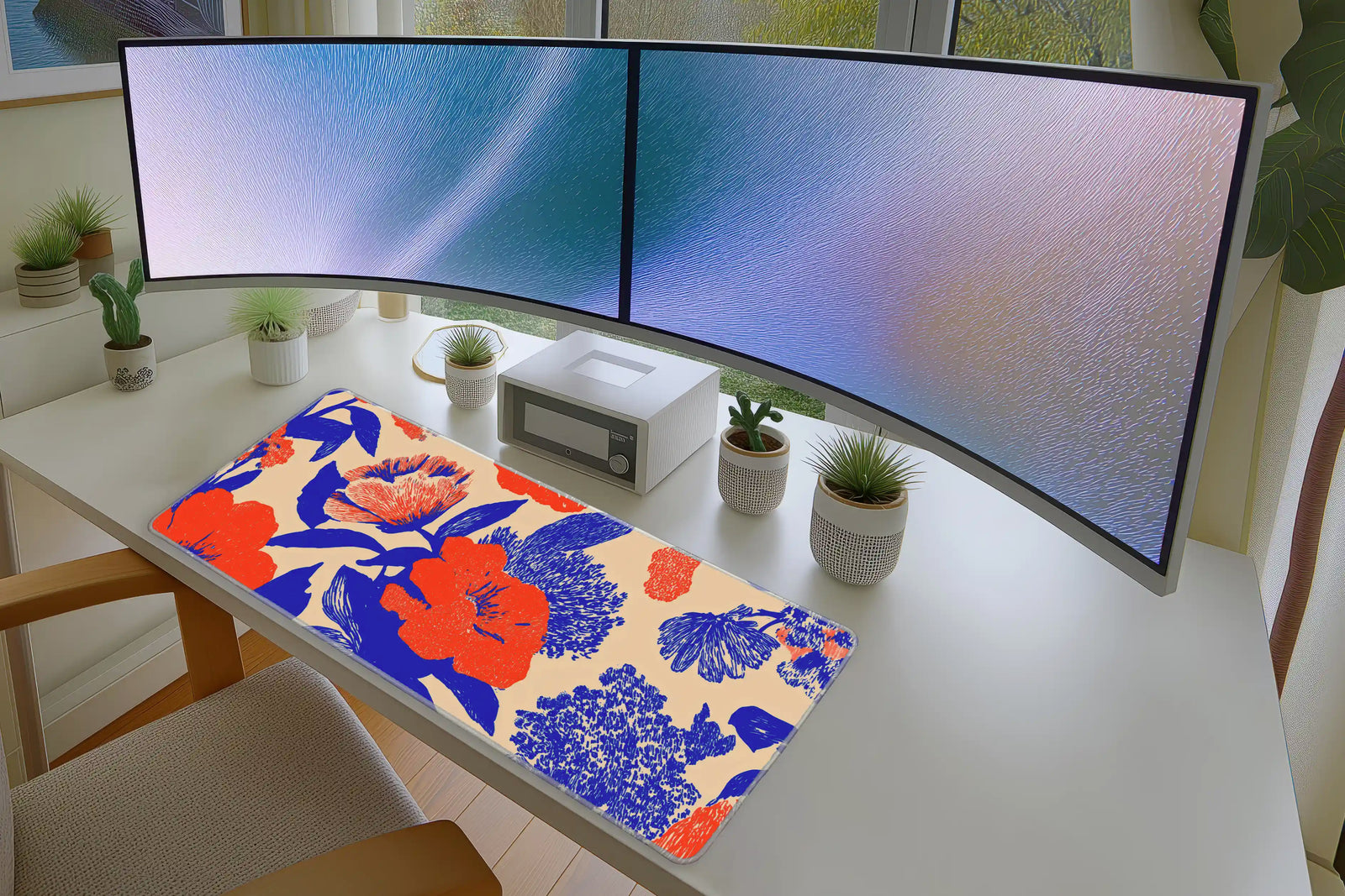 Vivid Coral and Blue Floral Art Mousepad