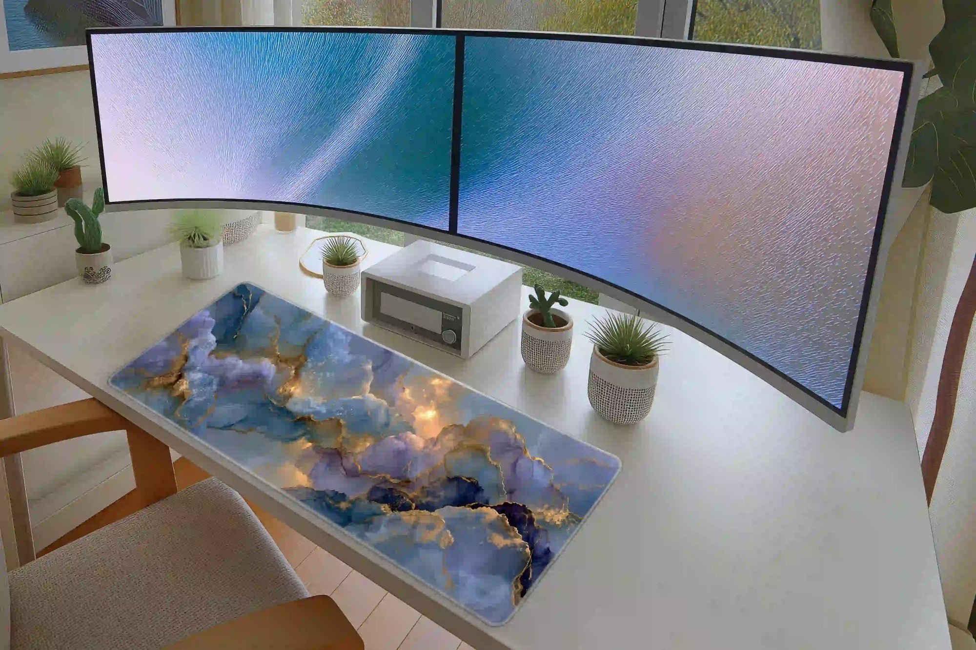 Blue and Gold Marble Abstract Luxury Desk Mat