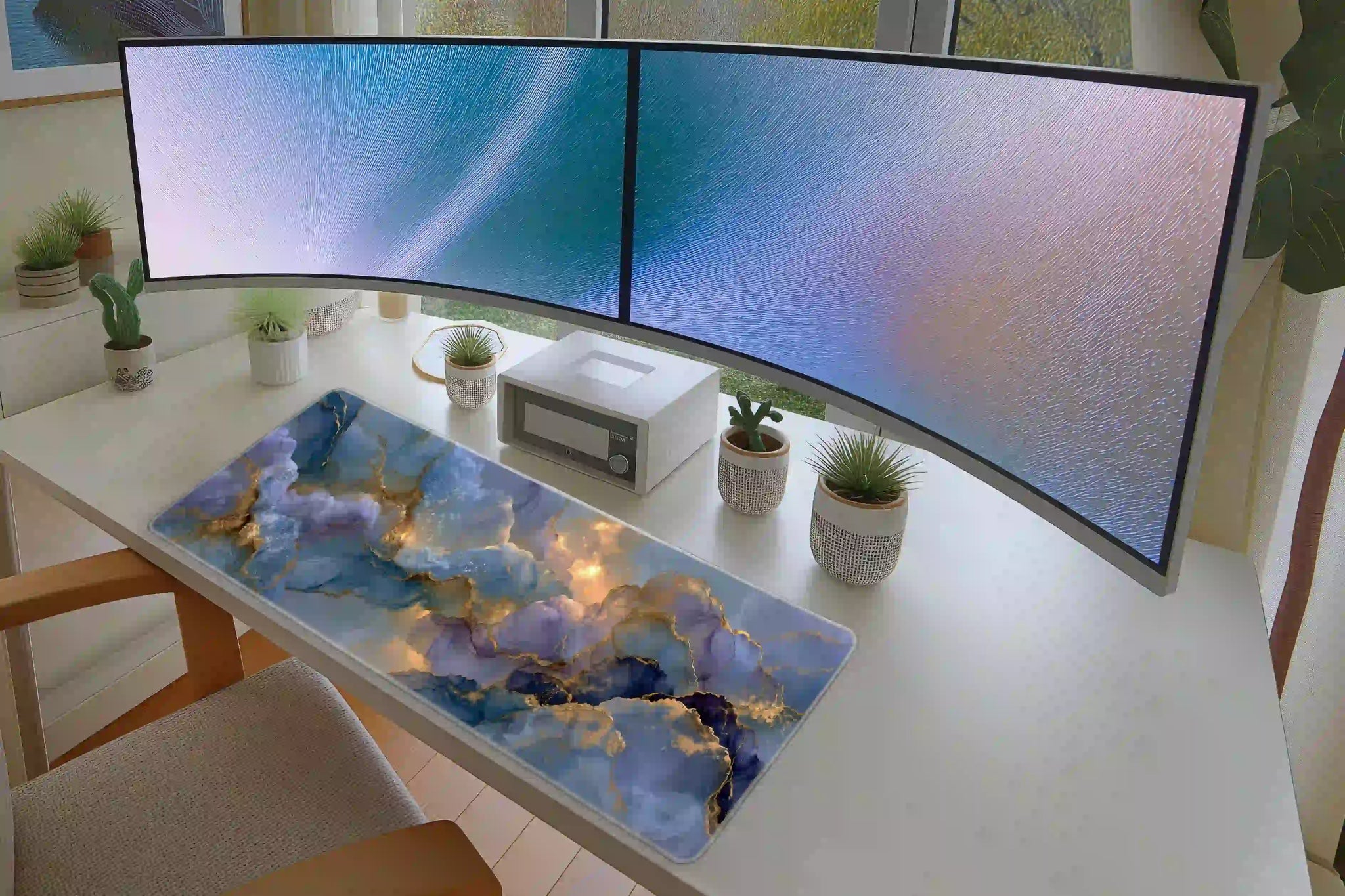 Blue and Gold Marble Abstract Luxury Desk Mat
