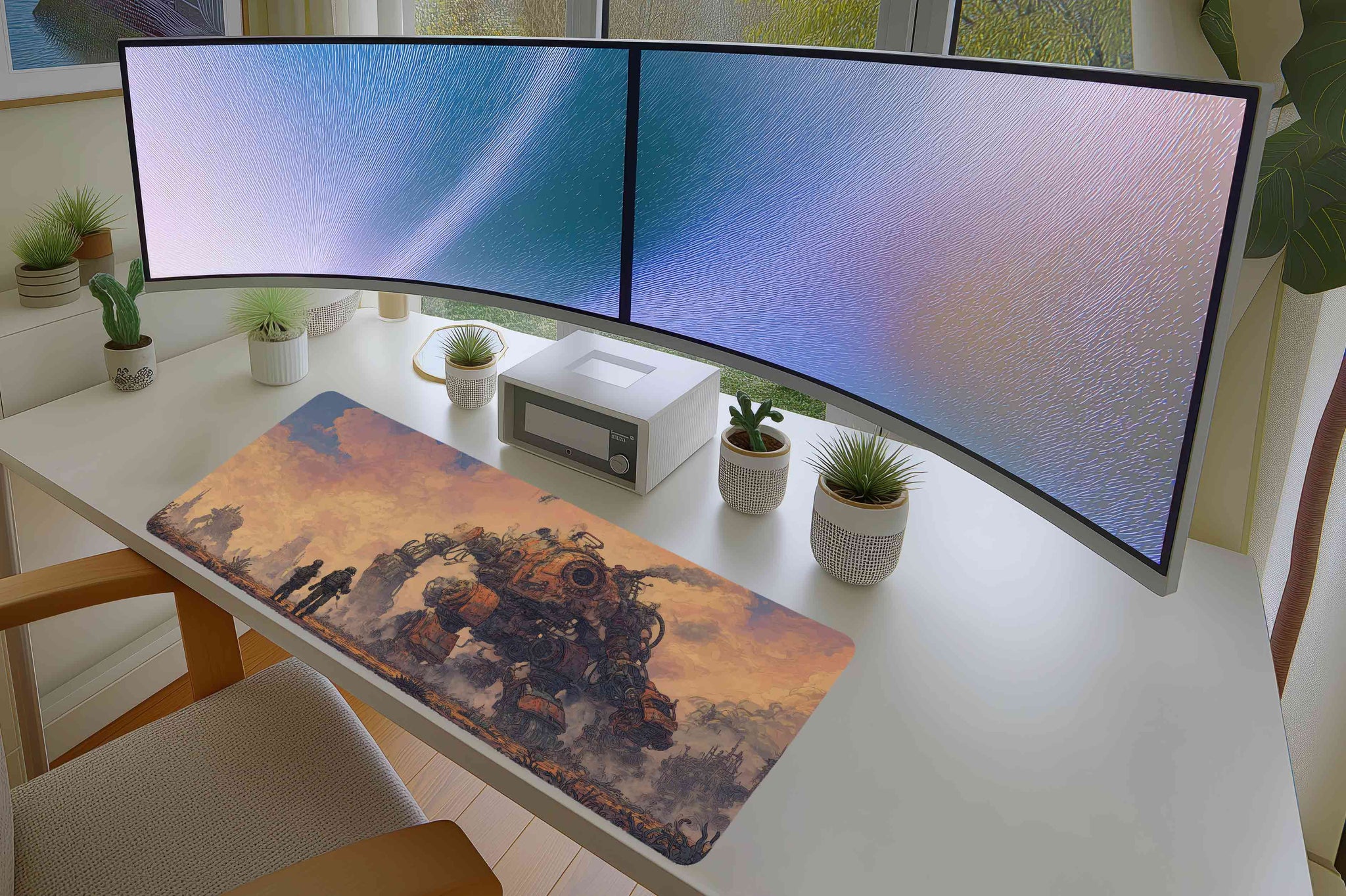 Steampunk Mech Mousepad – Futuristic Wasteland Battle Art