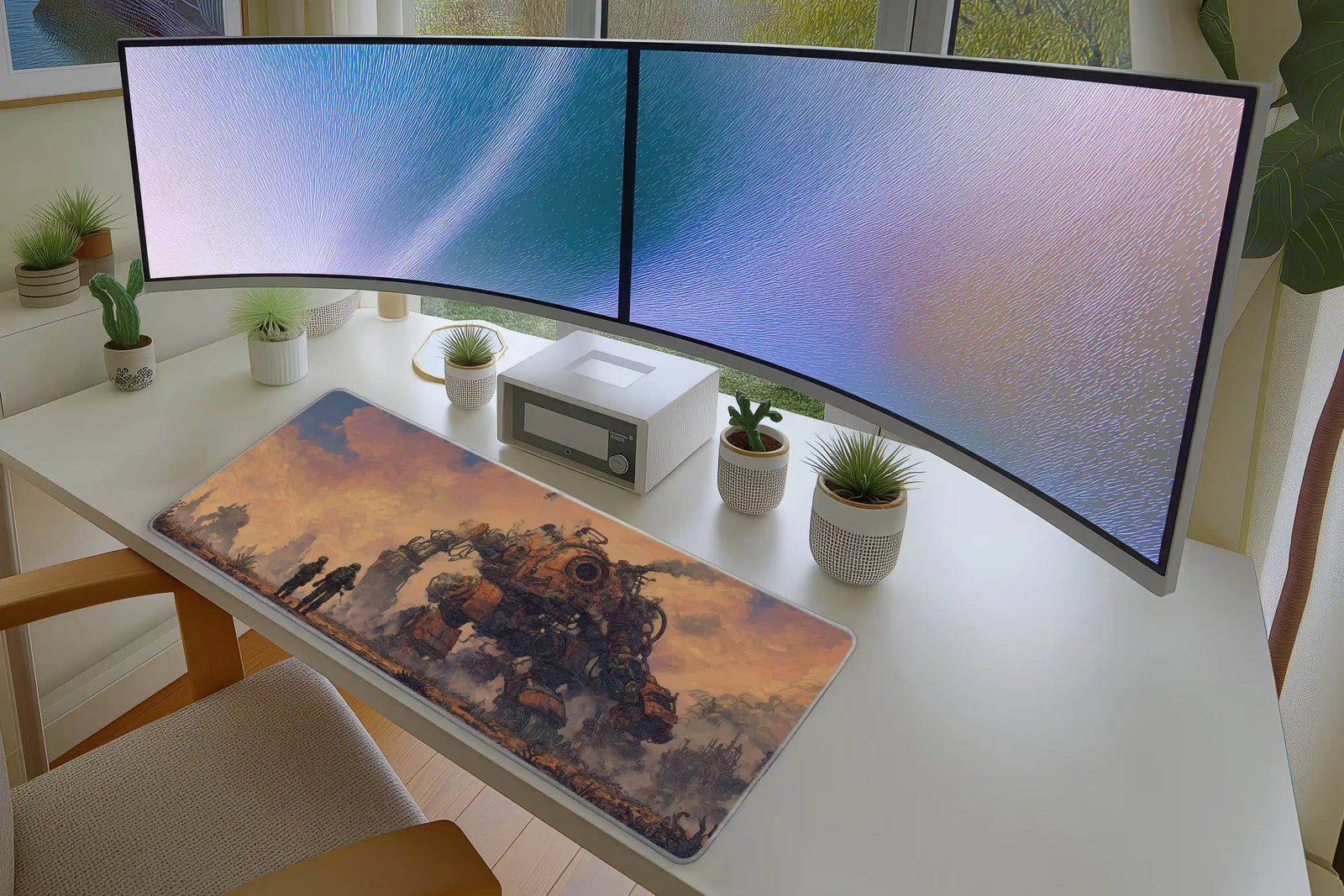 Steampunk Mech Mousepad – Futuristic Wasteland Battle Art