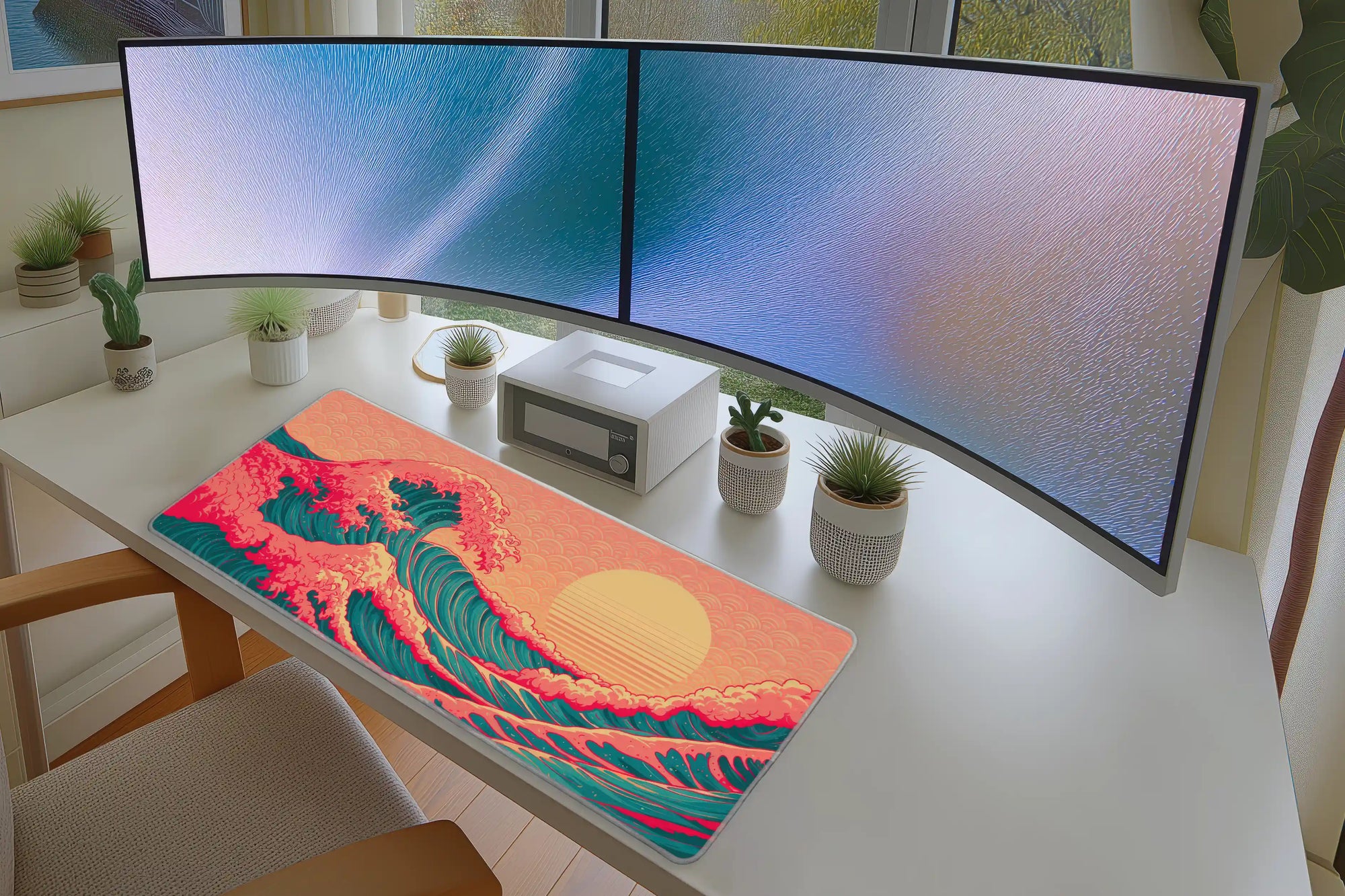 Retro Japanese Wave desk mat wide surface for a keyboard and mouse layout