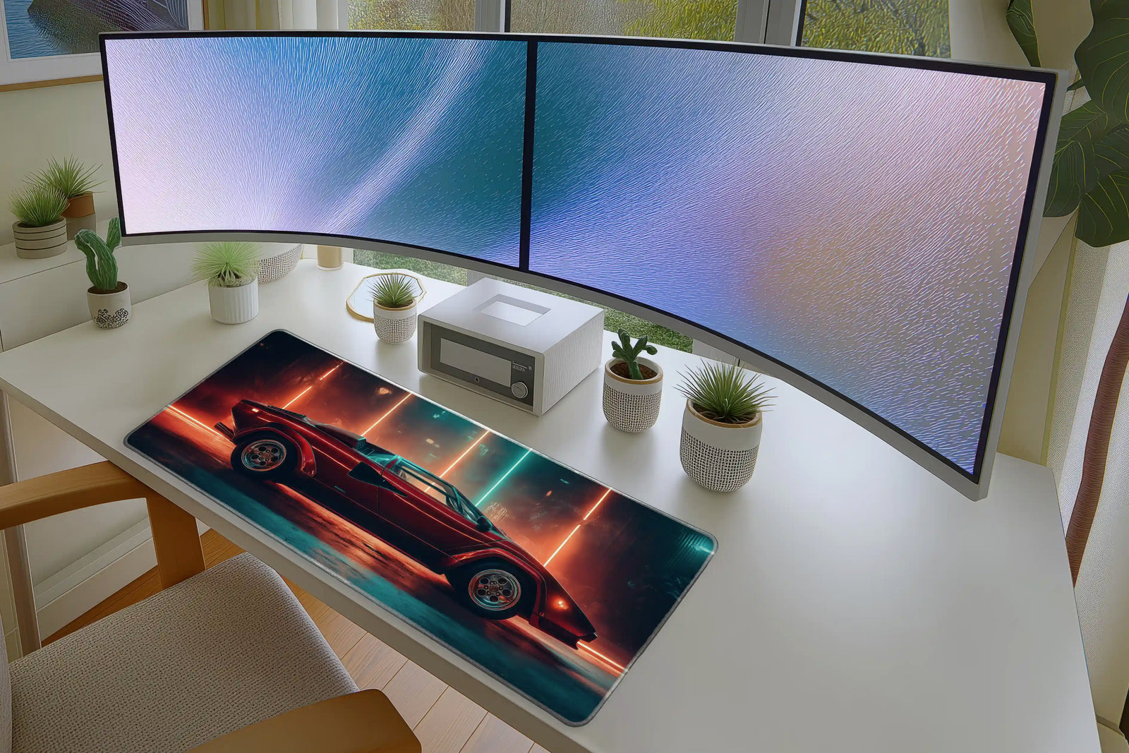 Retro Red Supercar Neon Lights Gaming Mousepad