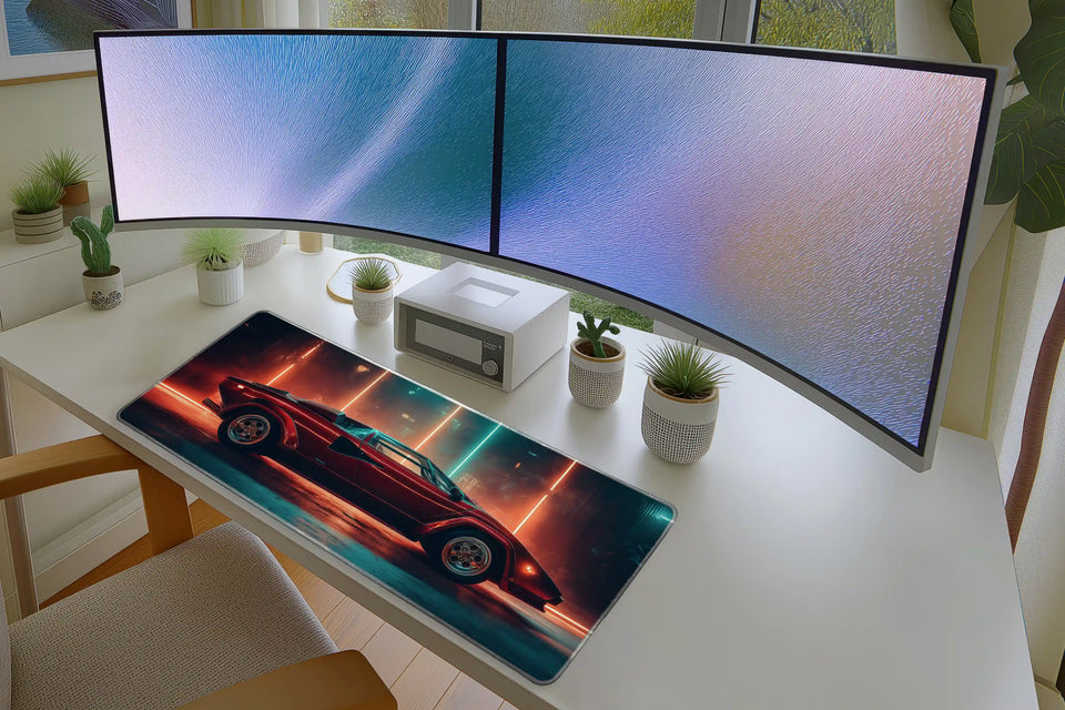 Retro Red Supercar Neon Lights Gaming Mousepad