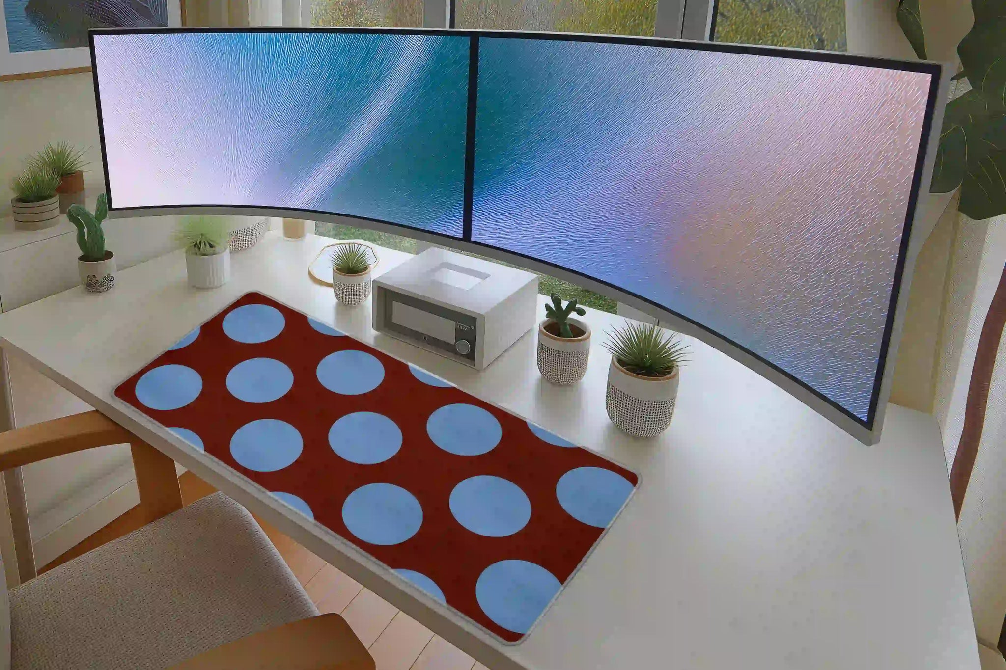 Retro Polka Dot extended mouse pad completing a home office desk setup