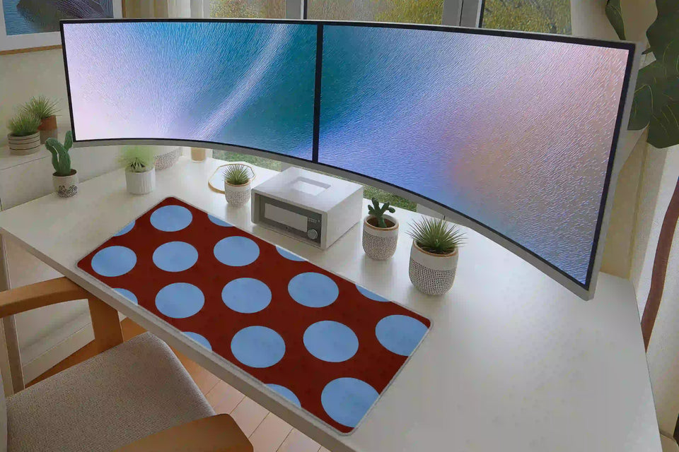 Retro Polka Dot extended mouse pad completing a home office desk setup