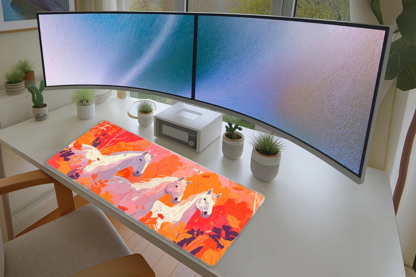 Autumn Forest White Horses Art Mousepad