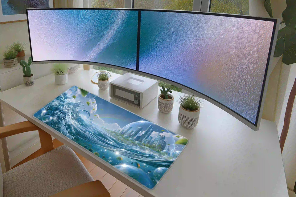 Frutiger Aero Ocean desk mat in a full desk setup with a keyboard and mouse layout