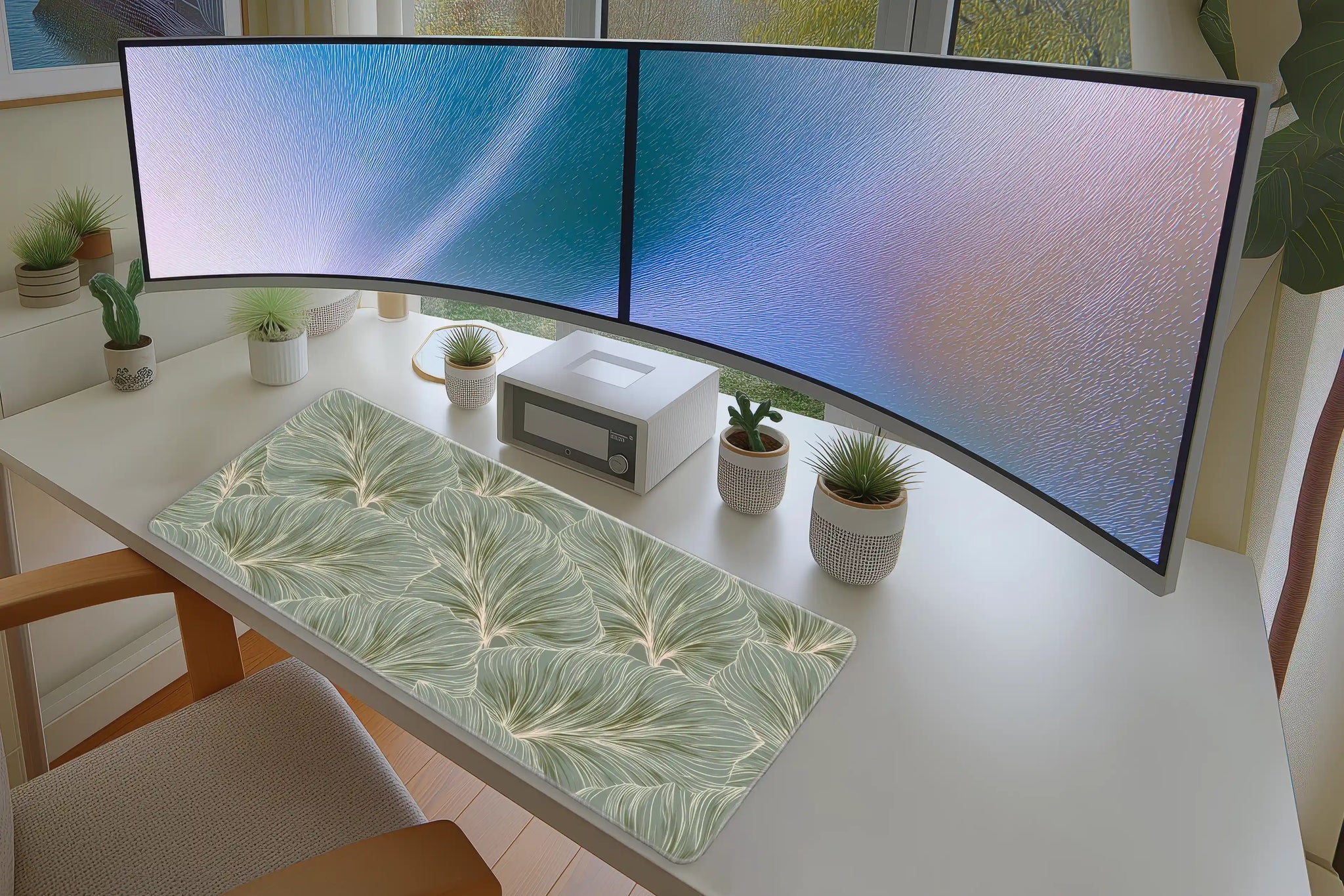 Sage Leaf Pattern Desk Mat | Botanical Mouse Pad in a full desk setup with keyboard, mouse, and office accessories