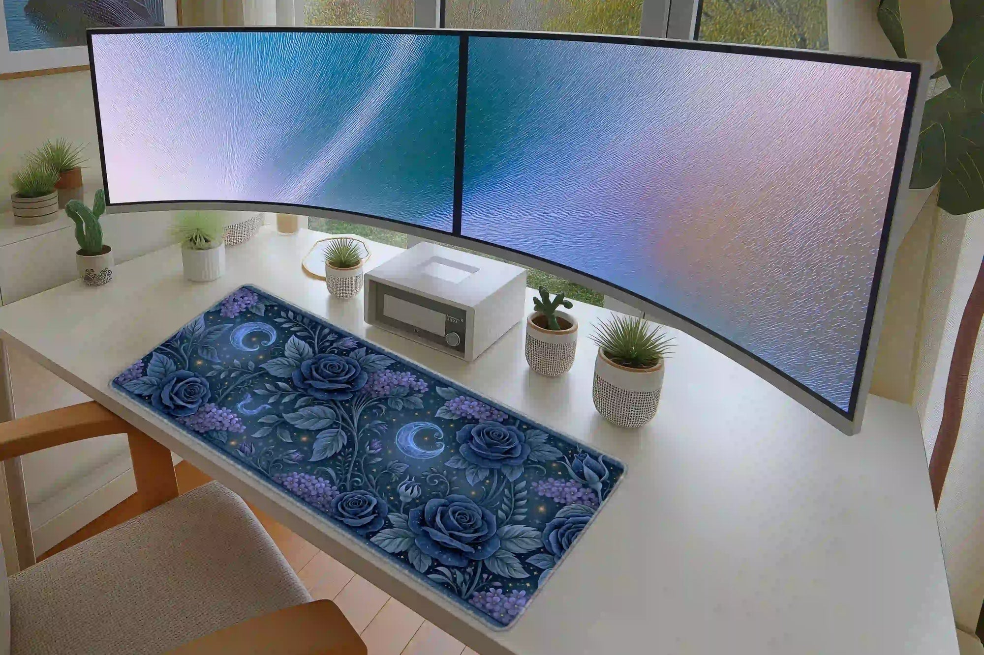 Celestial Blue Rose Floral Moon Pattern Desk Mat