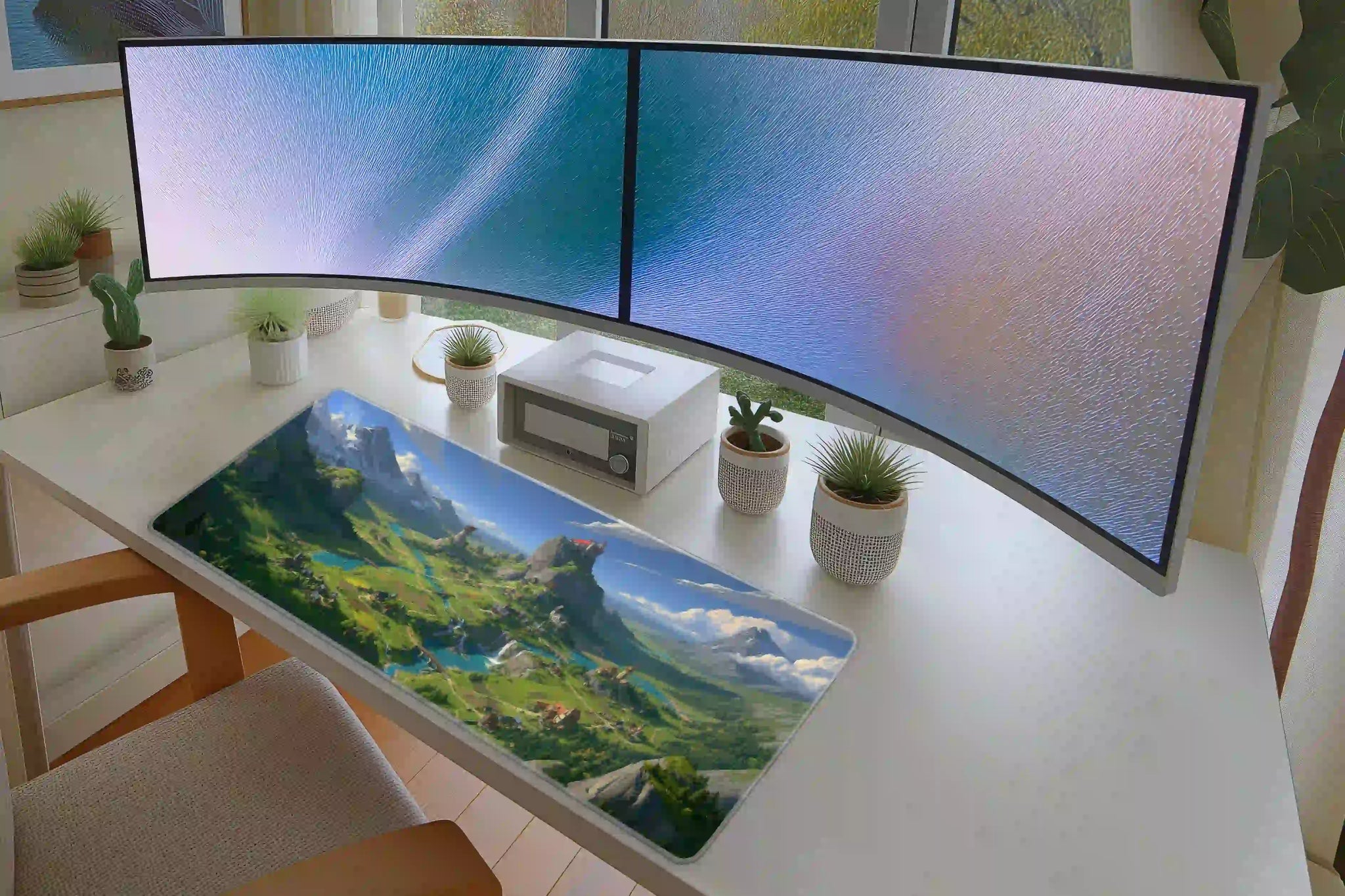 Fantasy mountain kingdom castle mouse pad in a full student or gaming desk setup