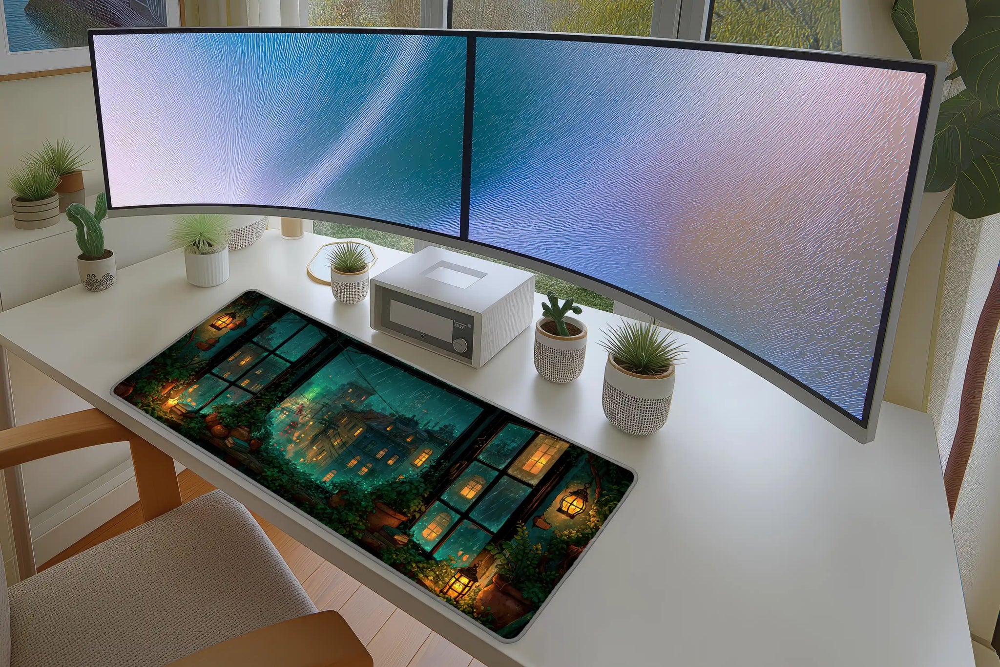 Lifestyle desk mockup of Rainy City Lantern Desk Mat | Night Window View with keyboard and mouse layout