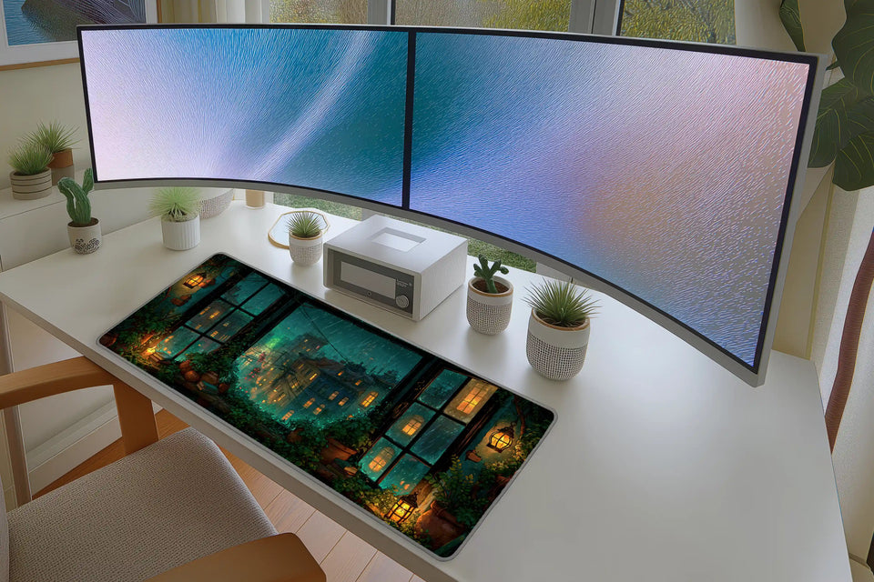 Lifestyle desk mockup of Rainy City Lantern Desk Mat | Night Window View with keyboard and mouse layout