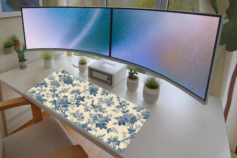 Blue Chinoiserie desk mat in a full desk setup with a keyboard and mouse layout