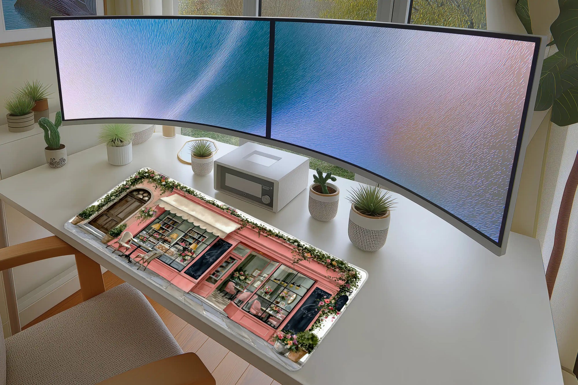 Pink Cafe Storefront Desk Mat | Floral Mouse Pad in a full desk setup with keyboard, mouse, and office accessories