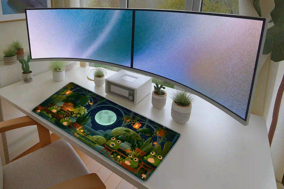Full desk setup with the cozy moonlit frog greenhouse mat beneath a keyboard and mouse
