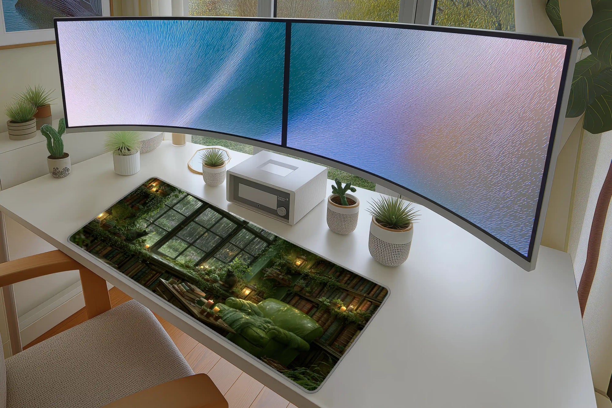 Lifestyle desk mockup of Green Library Desk Mat | Black Cat Reading Nook with keyboard and mouse layout