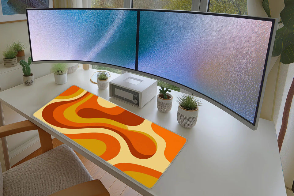 Retro Groovy Abstract – 70s Orange Wave desk mat artwork and product view