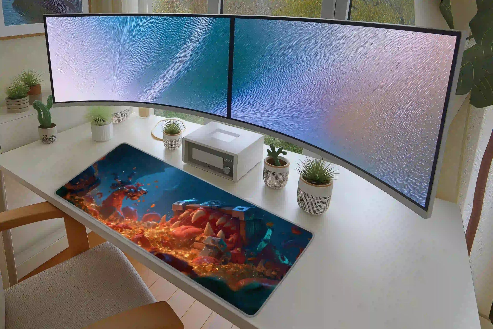 Fantasy treasure chest monster desk mat arranged in a keyboard and mouse gaming layout