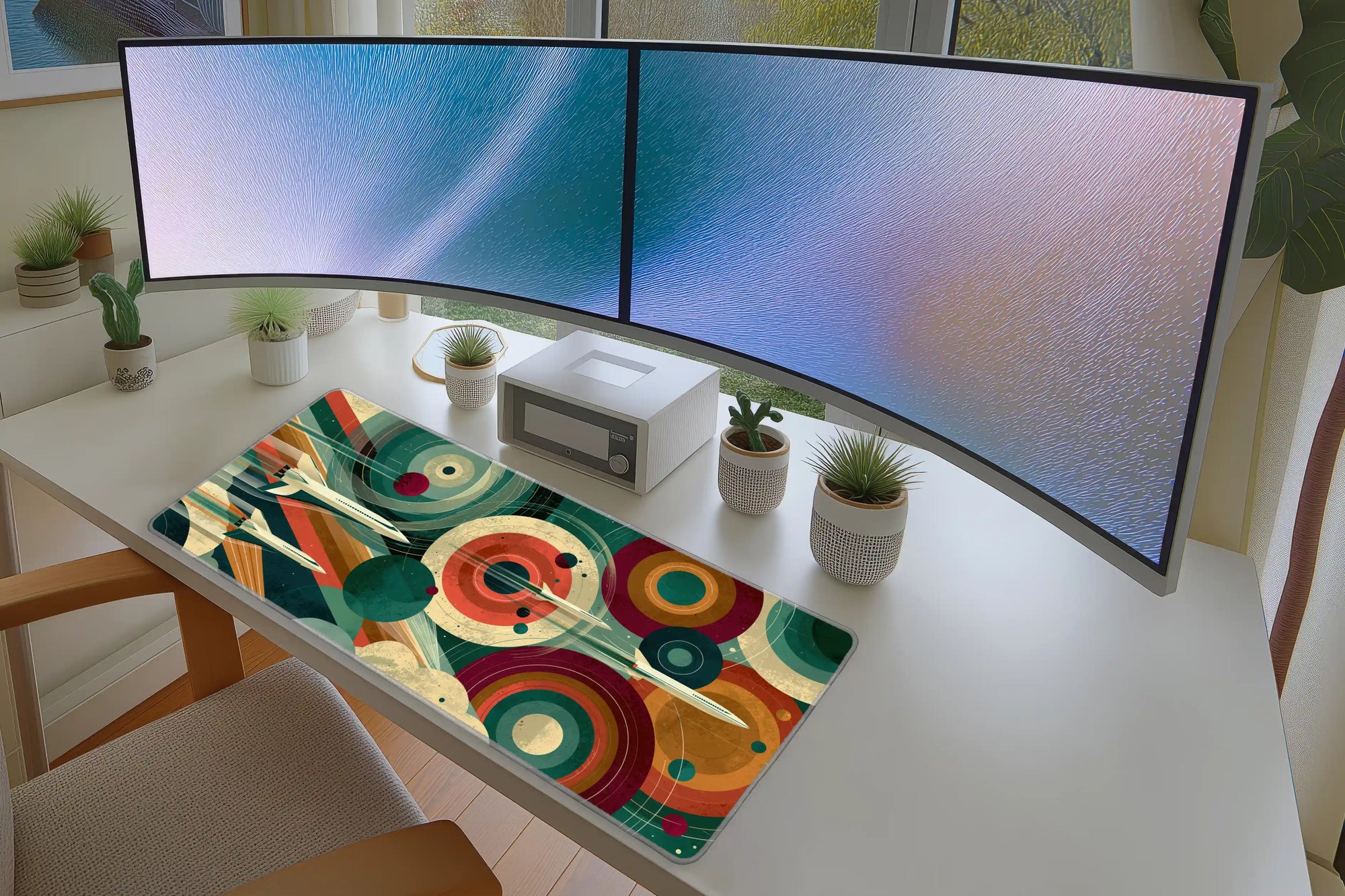 Retro Space Shuttle desk mat wide surface for a keyboard and mouse layout