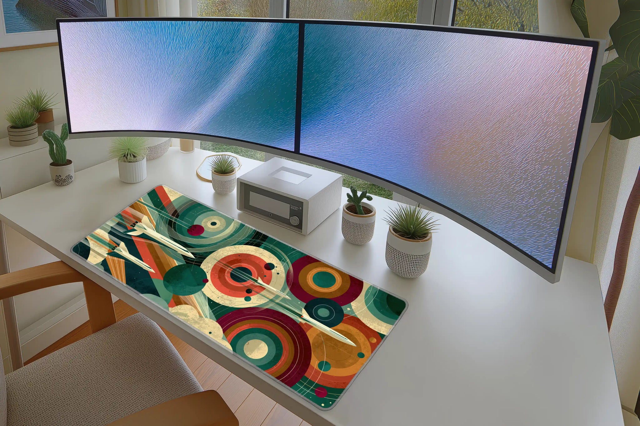 Retro Space Shuttle desk mat wide surface for a keyboard and mouse layout