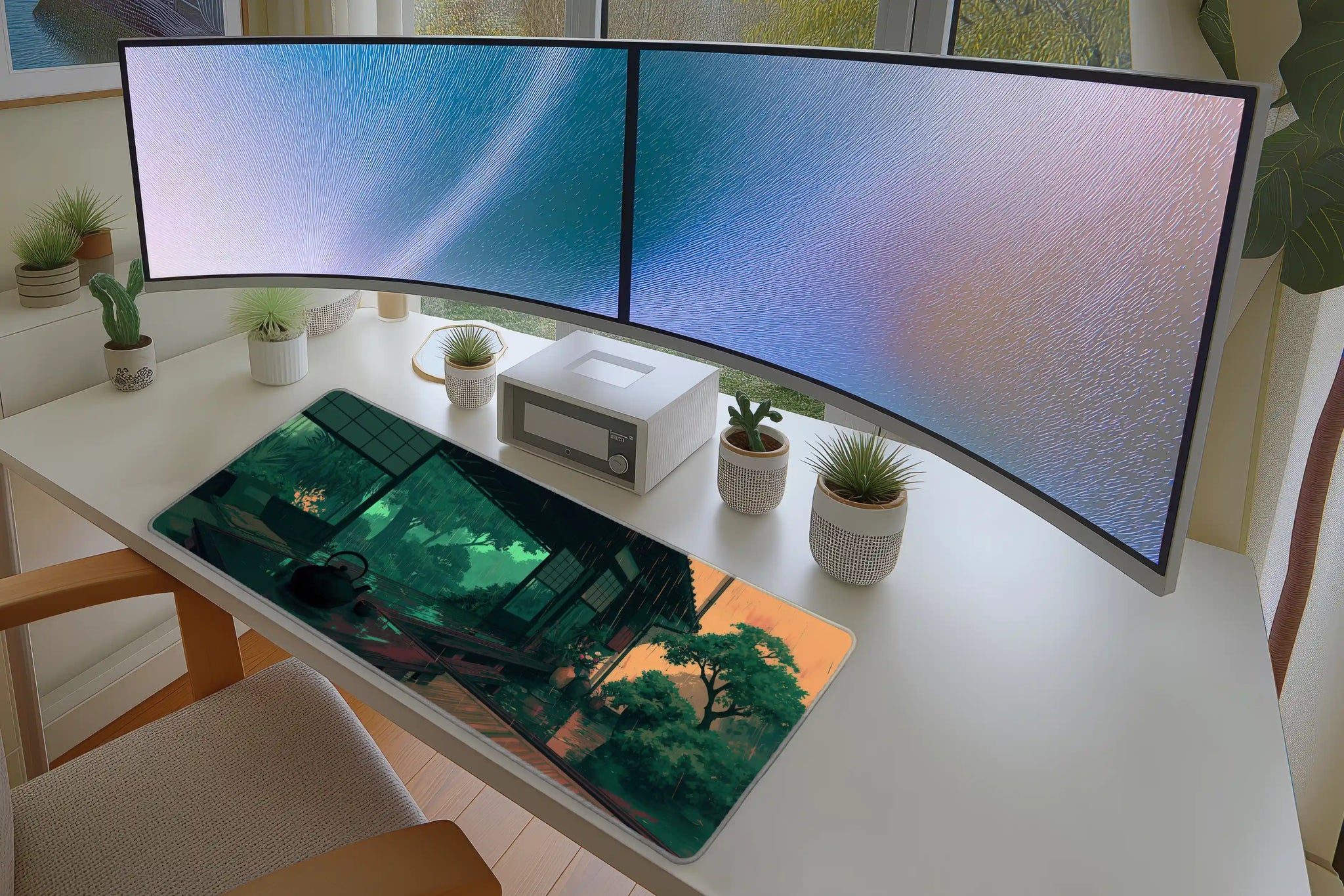Lifestyle desk mockup of Japanese Tea House Desk Mat | Rainy Garden View with keyboard and mouse layout