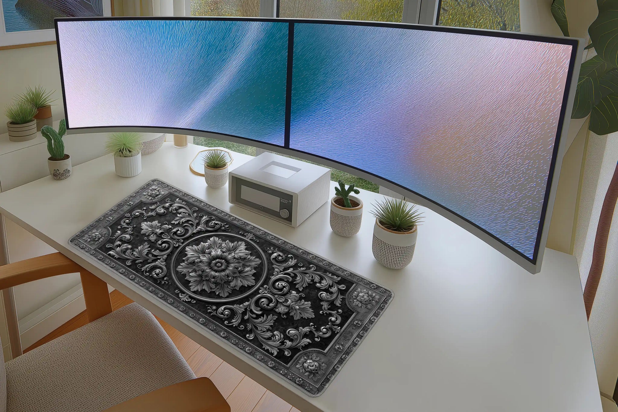 Silver Ornate Floral Baroque Pattern mouse pad showing stitched edge detail