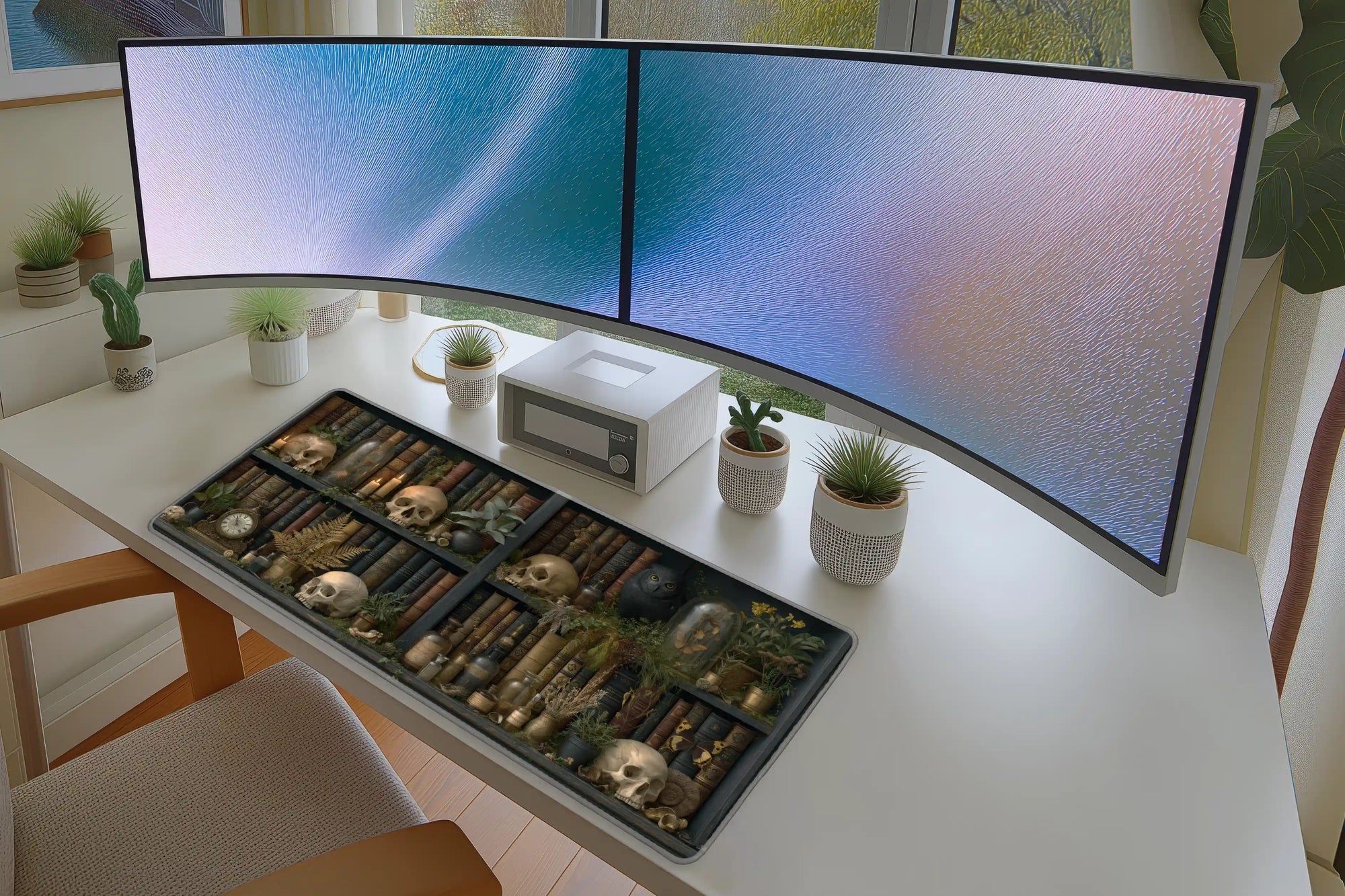Lifestyle desk mockup of Dark Academia Skull Desk Mat | Owl Library with keyboard and mouse layout