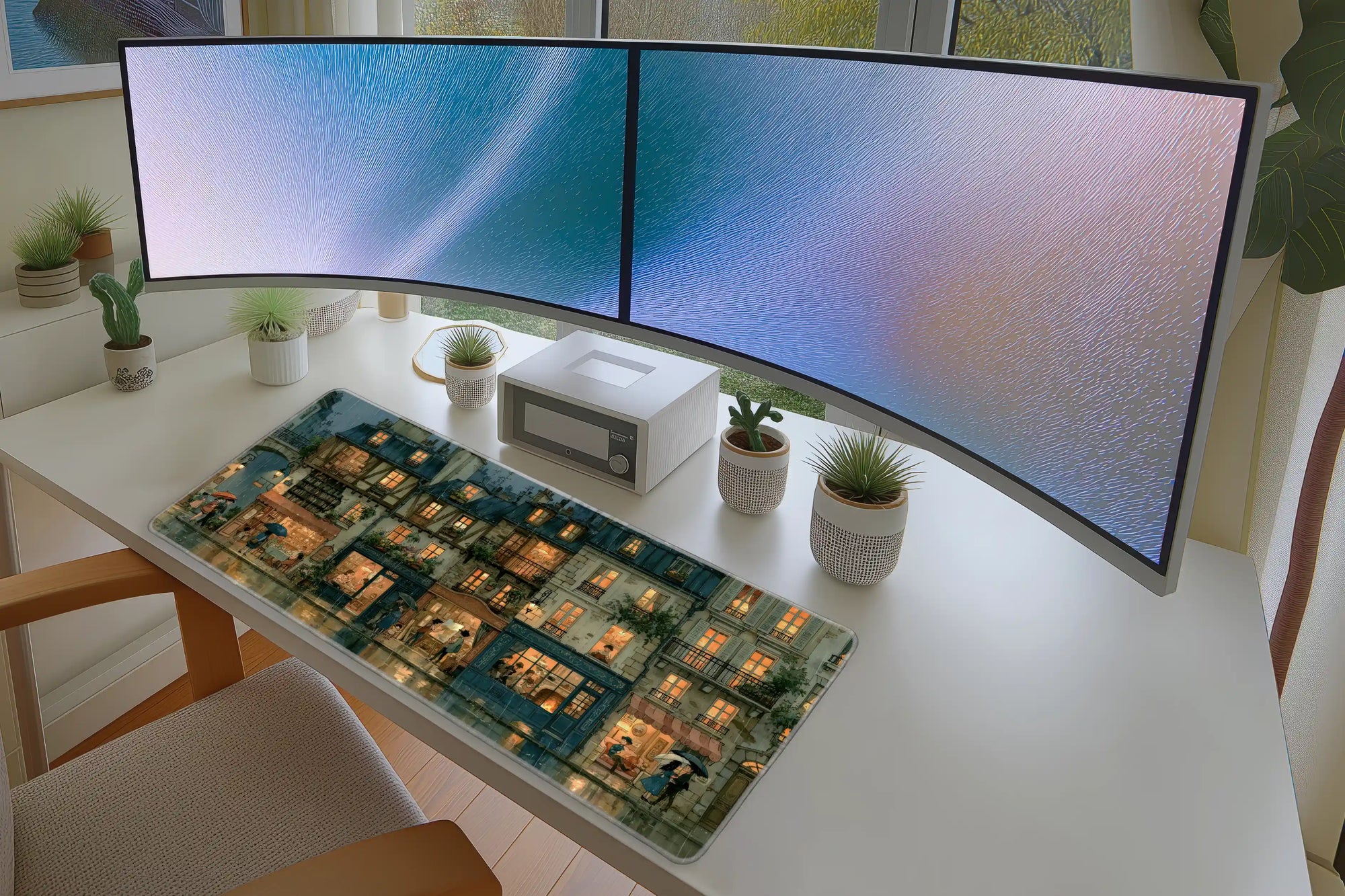 Lifestyle desk mockup of Rainy Paris Street Desk Mat | Warm Cafe Windows with keyboard and mouse layout